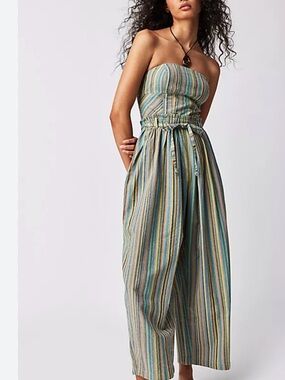New with tags Free People Strapless Wide-Leg Jumpsuit in Teal Multi Stripe
